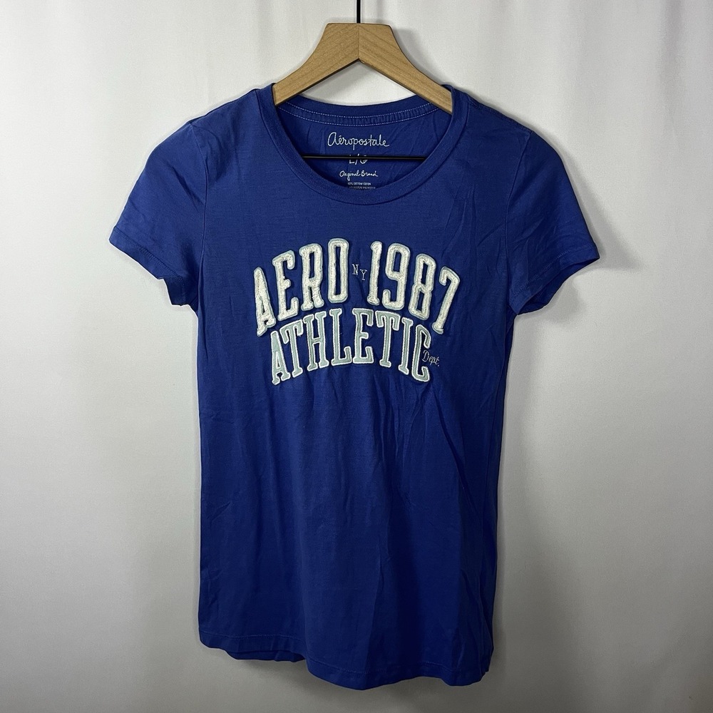 Vintage Aeropostale Shirt Women Size Large Blue Graphic Short Sleeve Top Tee Y2K
